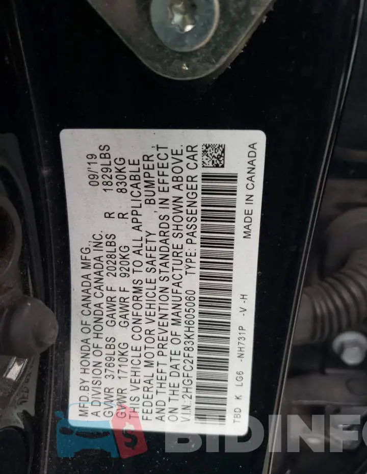2HGFC2F83KH605060 Photo# 12