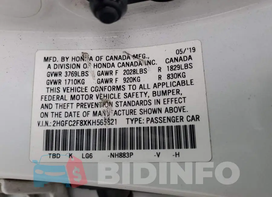2HGFC2F8XKH565821 Photo# 12
