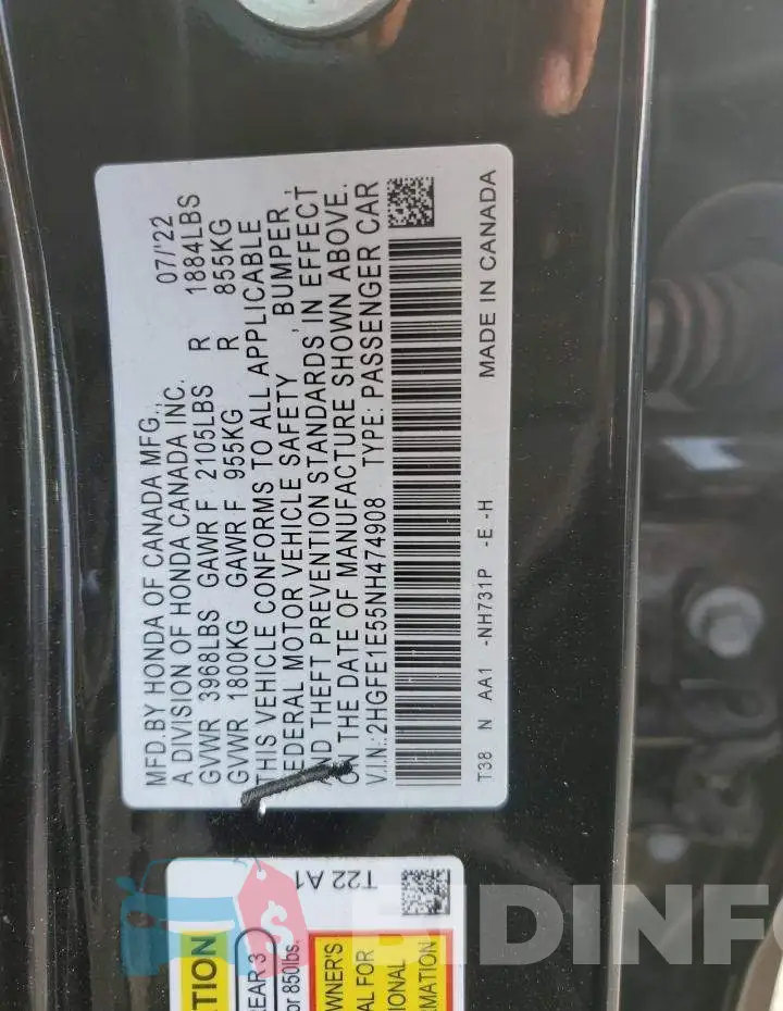 2HGFE1E55NH474908 Photo# 13