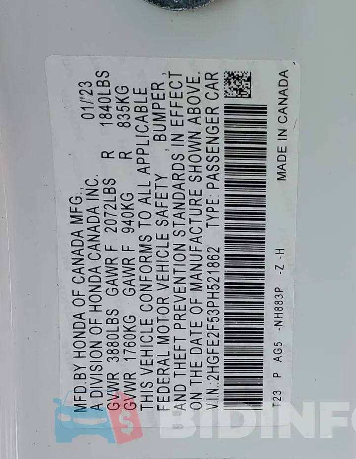 2HGFE2F53PH521862 Photo# 12