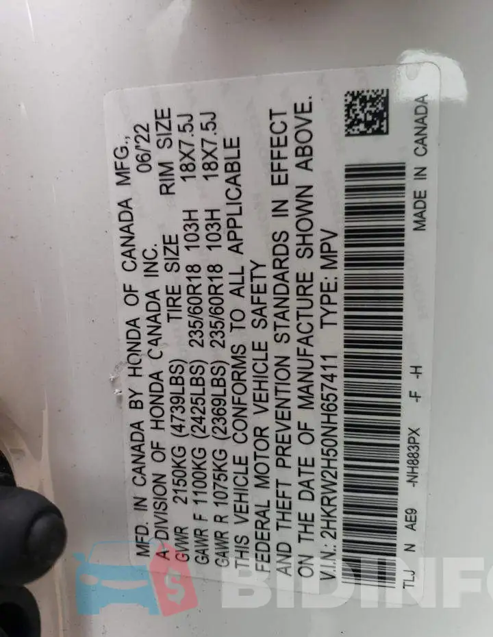 2HKRW2H50NH657411 Photo# 14