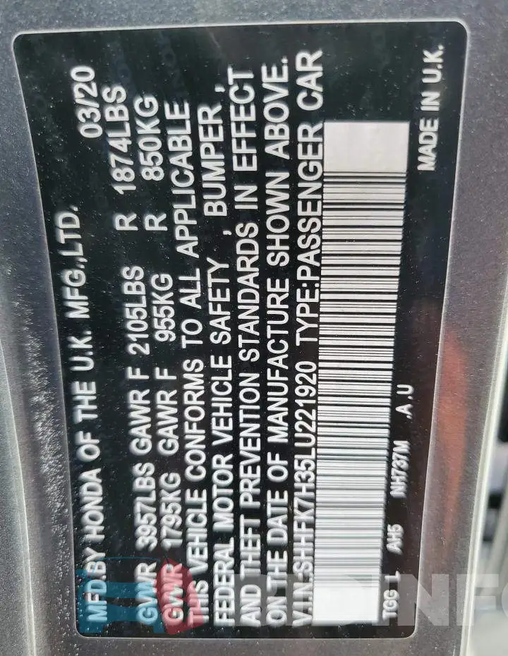 SHHFK7H35LU221920 Photo# 12