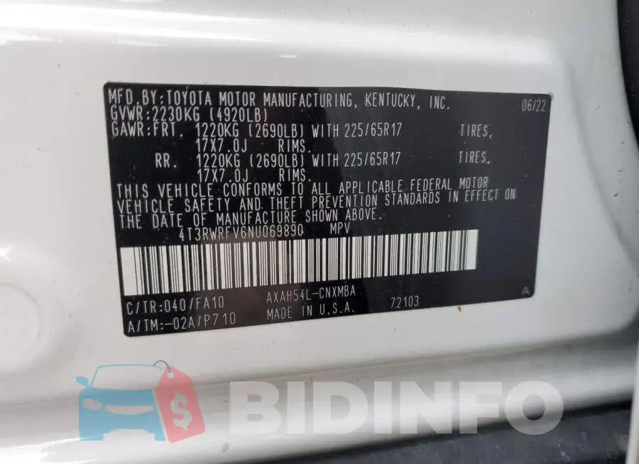4T3RWRFV6NU069890 Photo# 12