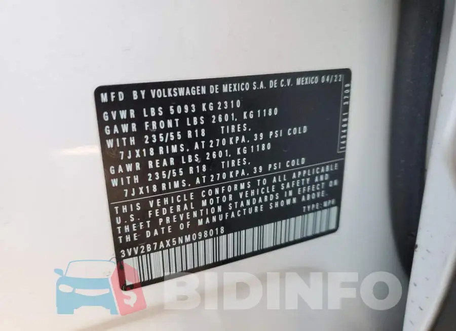 3VV2B7AX5NM098018 Photo# 13