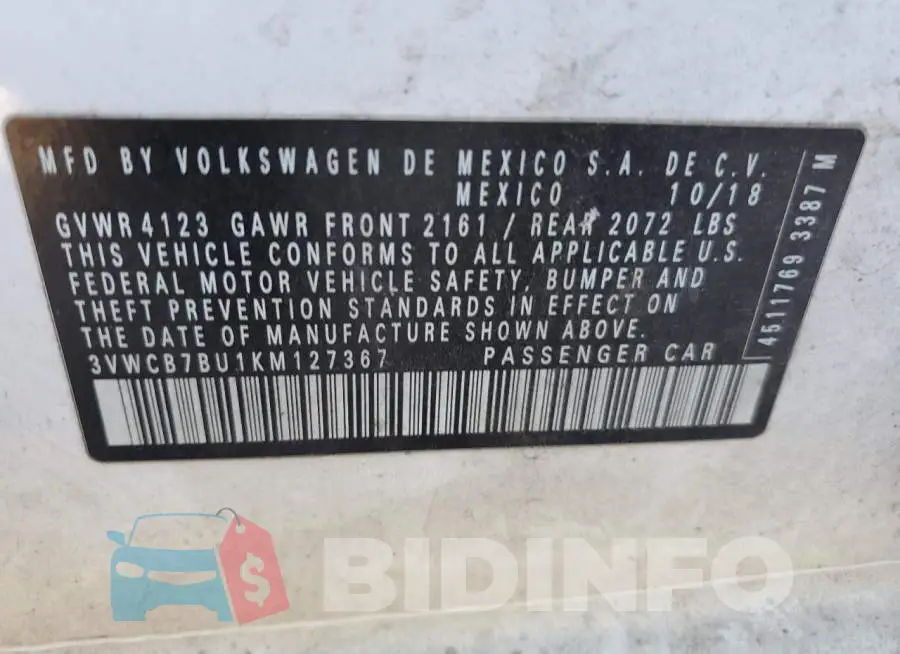 3VWCB7BU1KM127367 Photo# 12