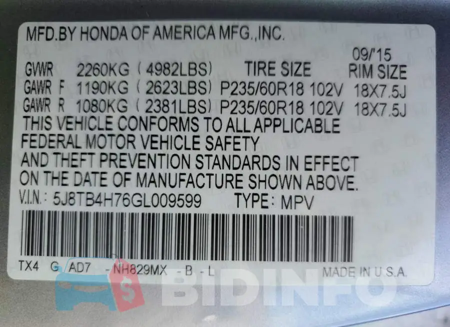 5J8TB4H76GL009599 Photo# 13