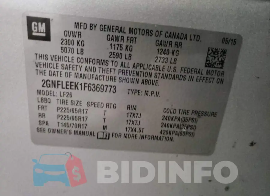 2GNFLEEK1F6369773 Photo# 13