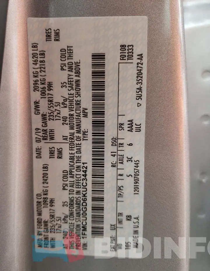 1FMCU0GD6KUC34421 Photo# 13