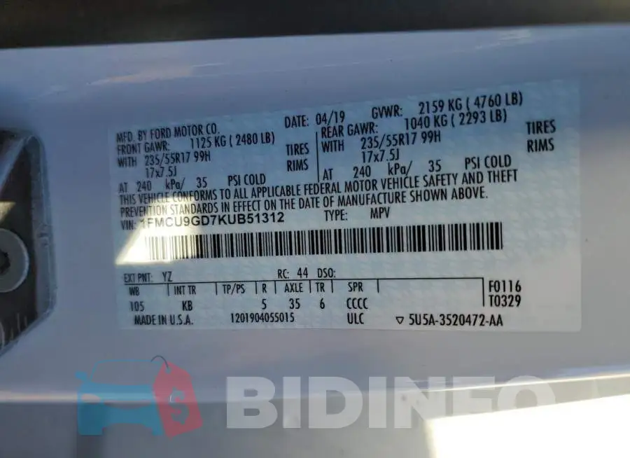 1FMCU9GD7KUB51312 Photo# 12