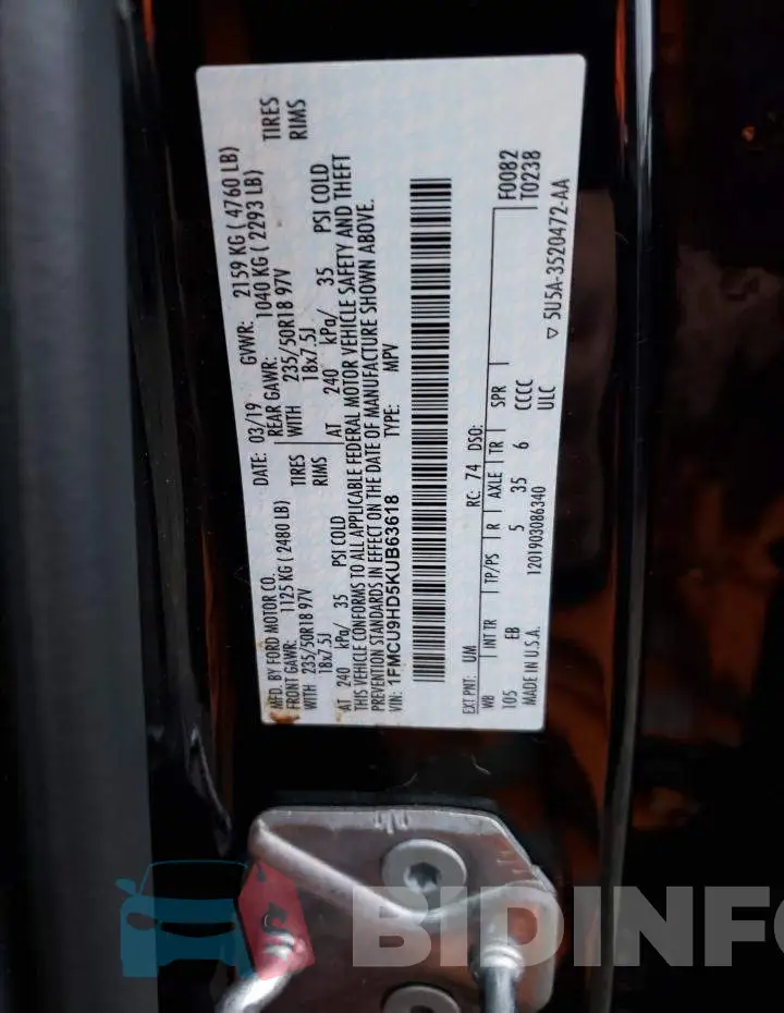 1FMCU9HD5KUB63618 Photo# 13
