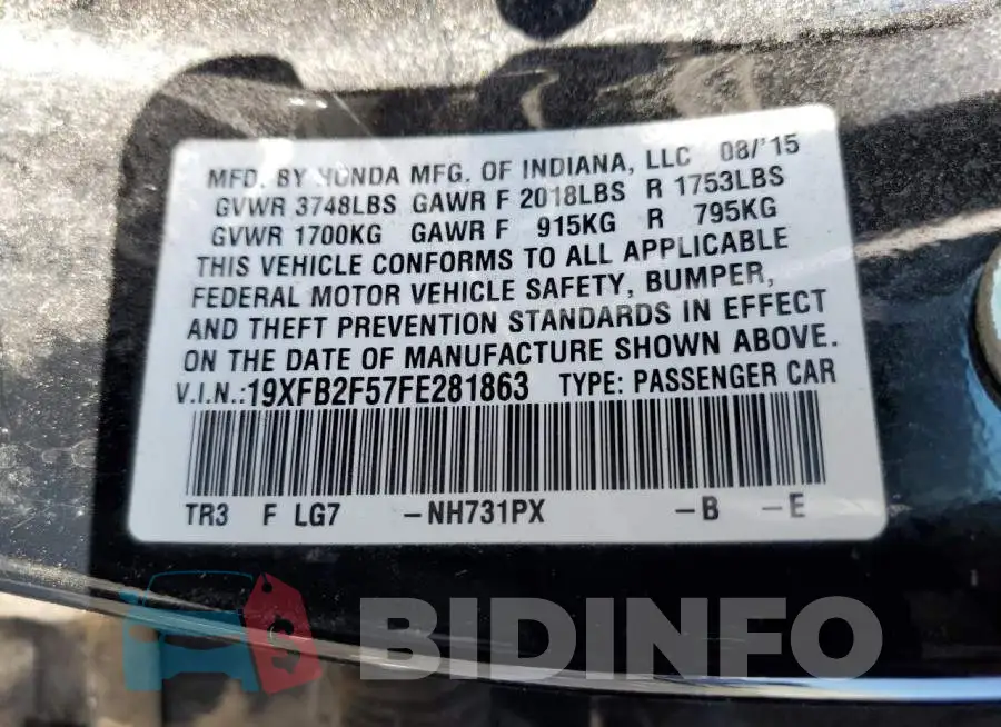 19XFB2F57FE281863 Photo# 13