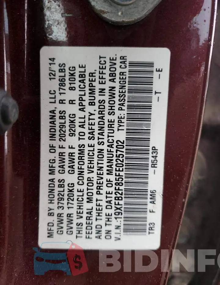 19XFB2F85FE025702 Photo# 12