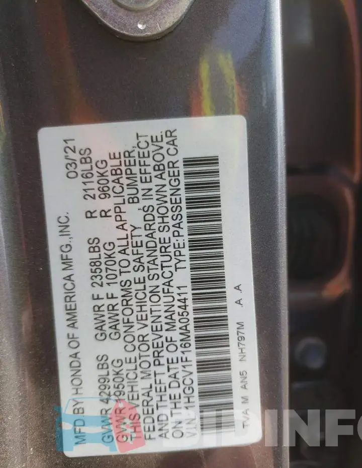 1HGCV1F16MA054411 Photo# 12