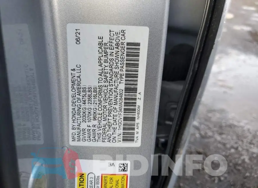 1HGCV1F34MA084802 Photo# 12
