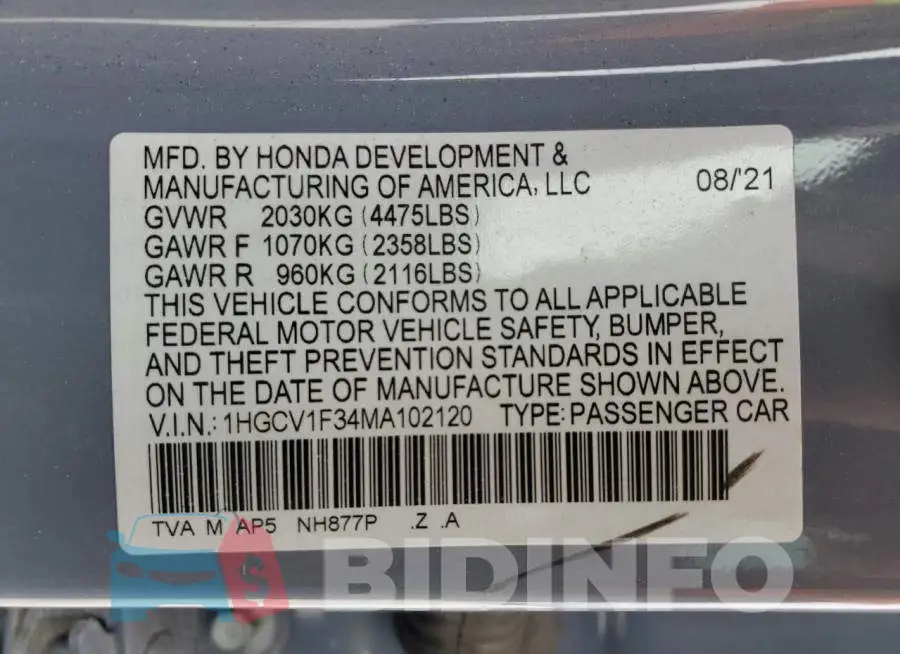 1HGCV1F34MA102120 Photo# 12