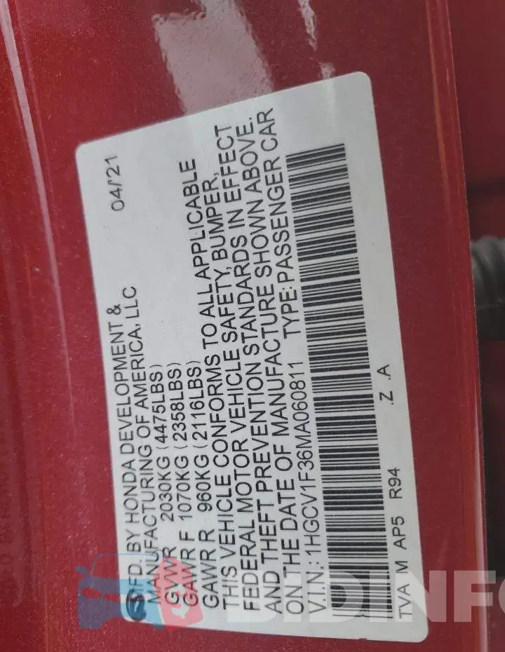 1HGCV1F36MA060811 Photo# 13
