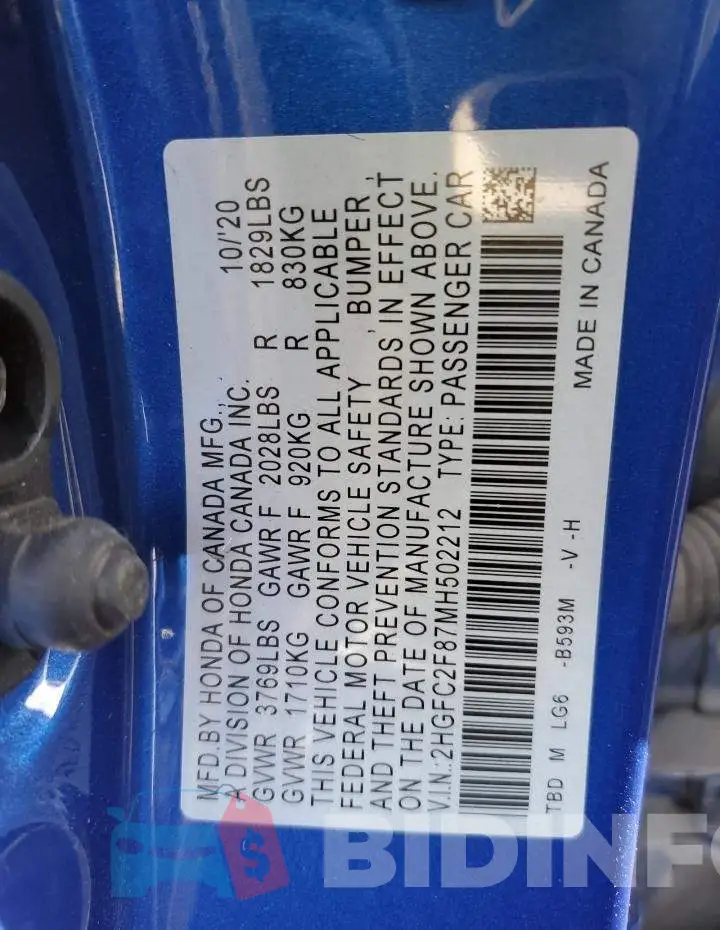 2HGFC2F87MH502212 Photo# 12