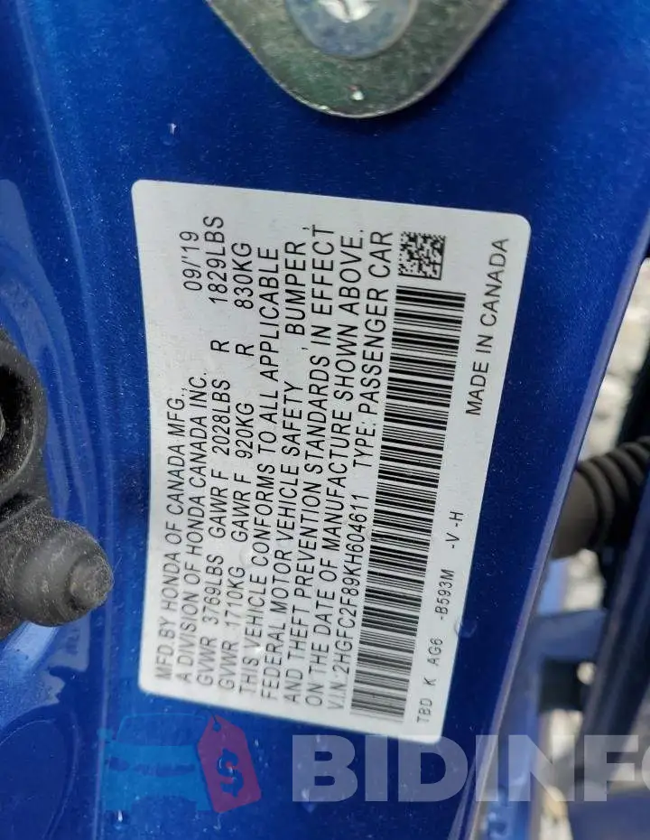 2HGFC2F89KH604611 Photo# 12