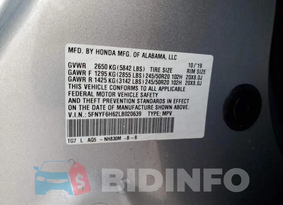 5FNYF6H62LB020639 Photo# 13