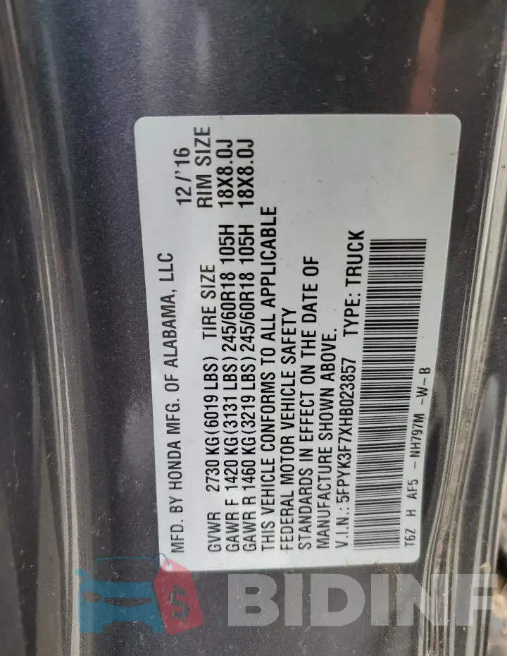 5FPYK3F7XHB023857 Photo# 12