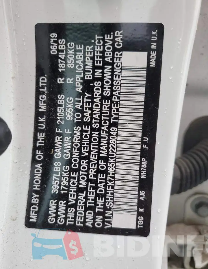 SHHFK7H65KU228049 Photo# 13