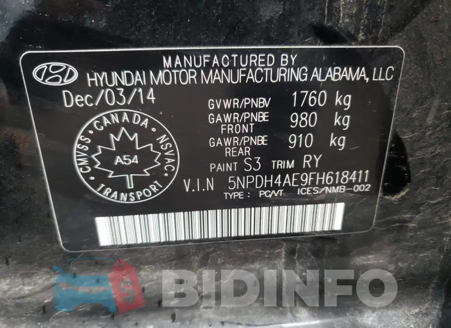 5NPDH4AE9FH618411 Photo# 12