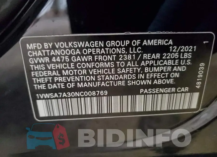 1VWSA7A30NC008769 Photo# 12