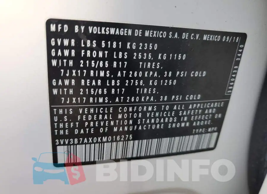 3VV3B7AX0KM016275 Photo# 14