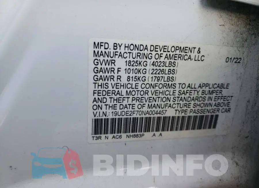 19UDE2F70NA004457 Photo# 12
