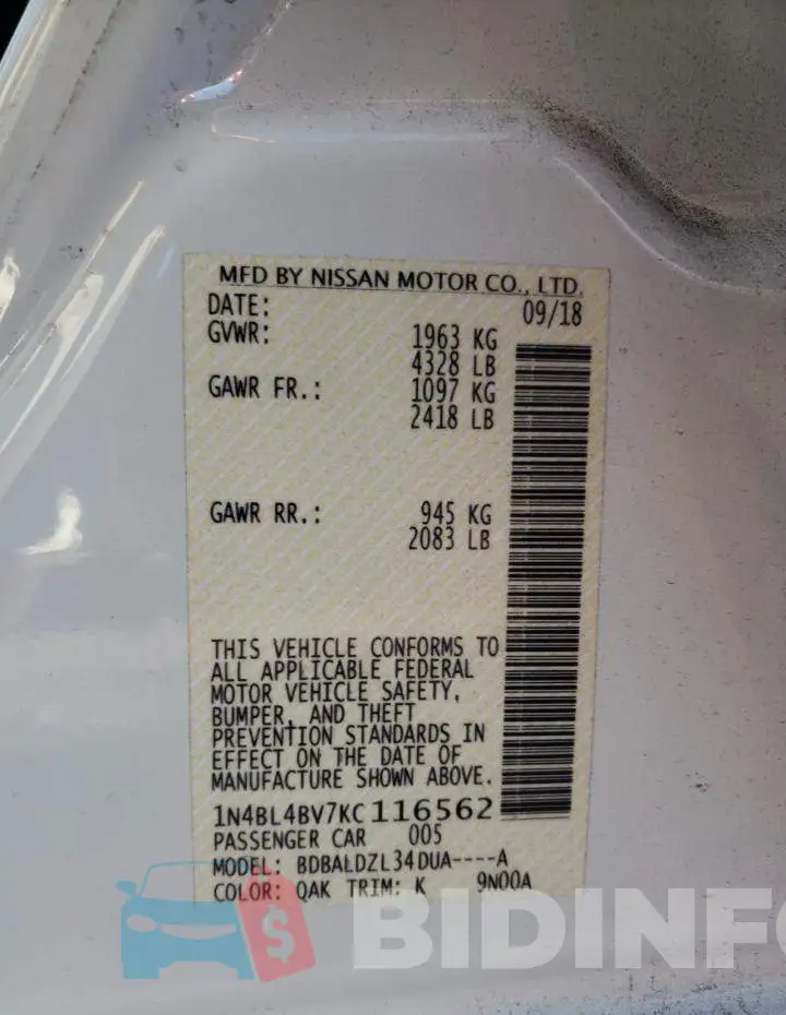 1N4BL4BV7KC116562 Photo# 12