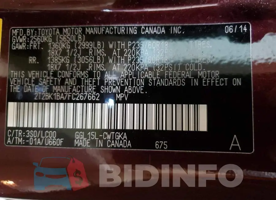 2T2BK1BA7FC267662 Photo# 12