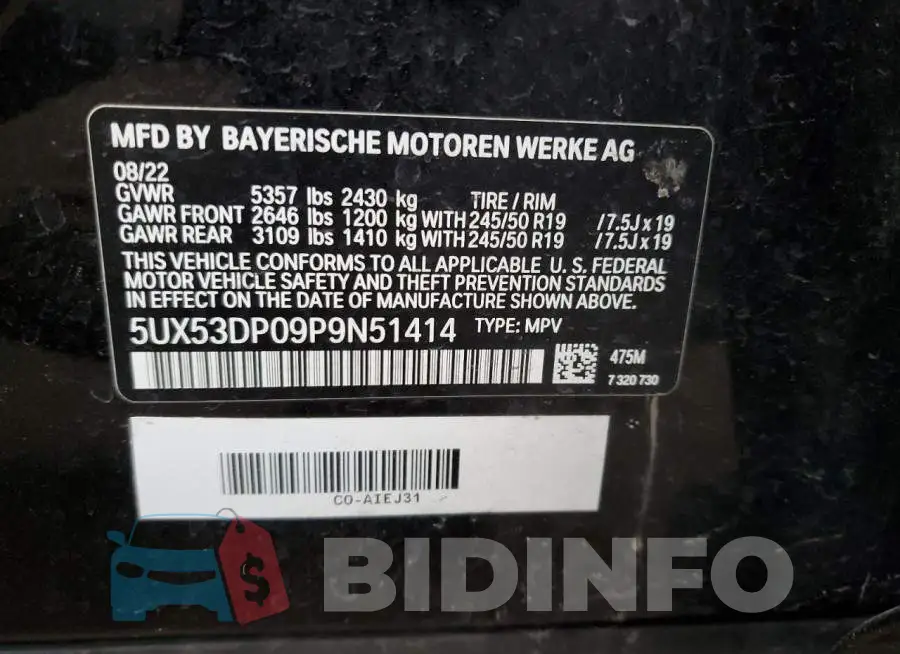 5UX53DP09P9N51414 Photo# 12