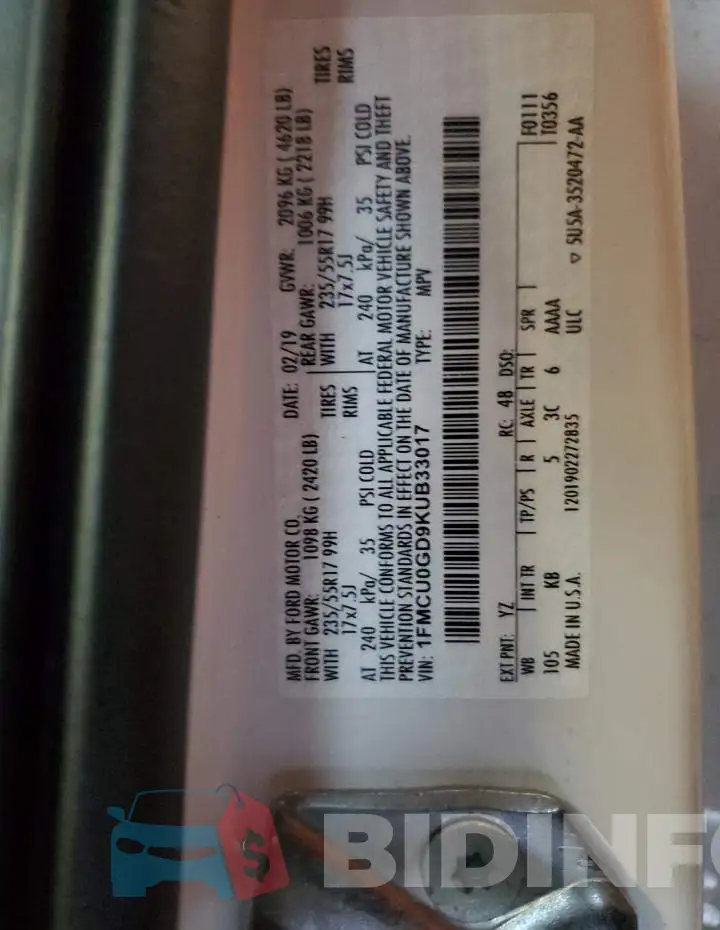 1FMCU0GD9KUB33017 Photo# 12