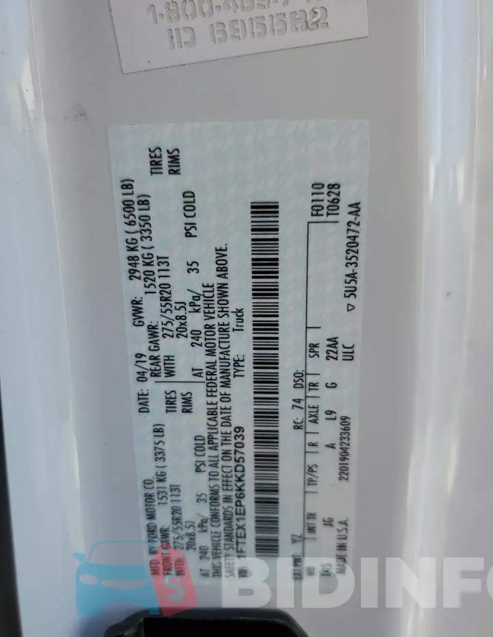 1FTEX1EP6KKD57039 Photo# 12