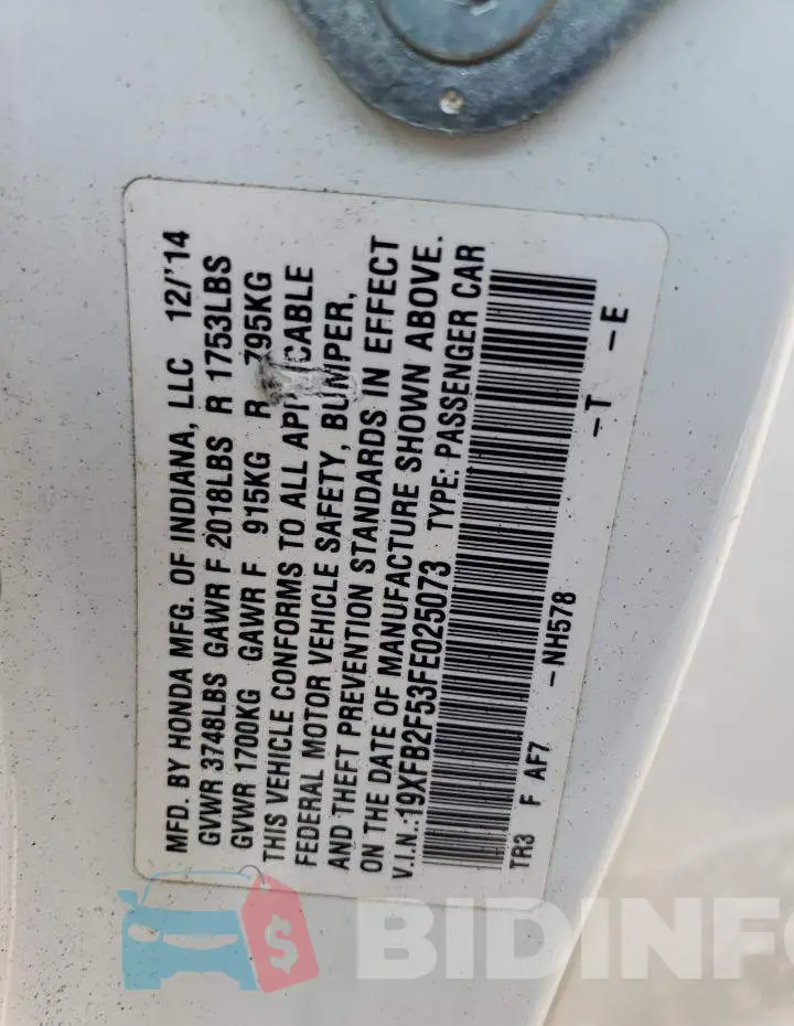 19XFB2F53FE025073 Photo# 12