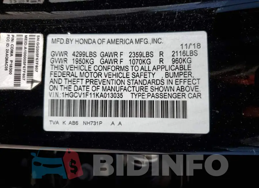 1HGCV1F11KA013035 Photo# 12