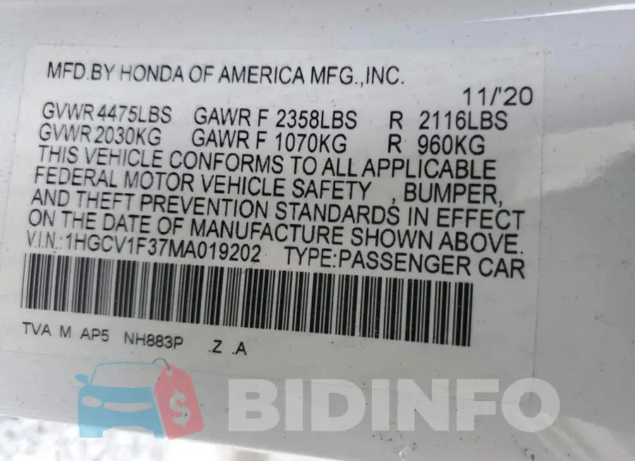 1HGCV1F37MA019202 Photo# 13