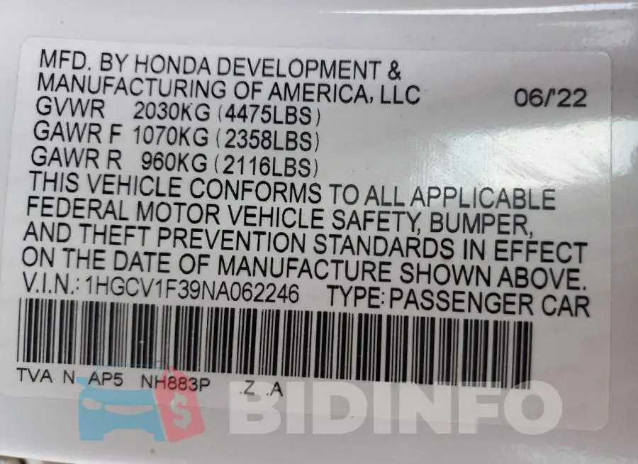 1HGCV1F39NA062246 Photo# 12