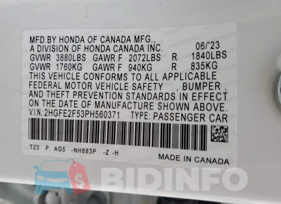 2HGFE2F53PH560371 Photo# 13
