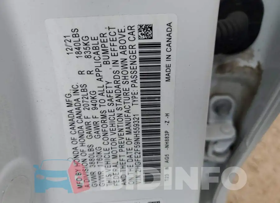 2HGFE2F59NH559321 Photo# 12
