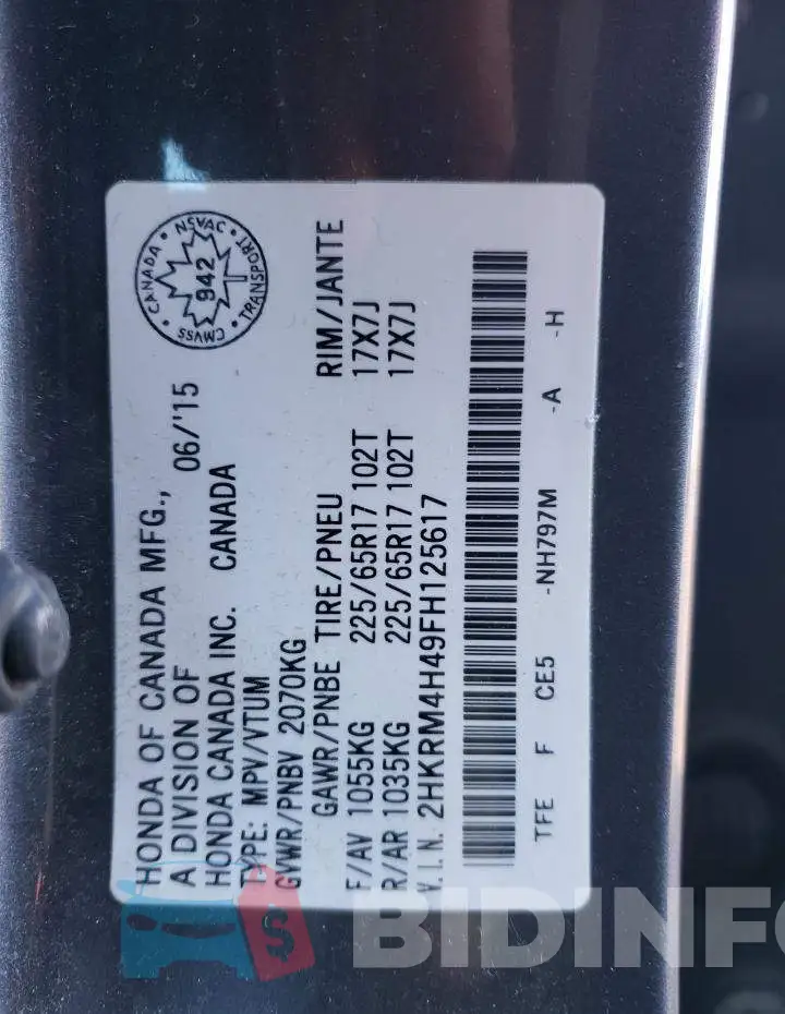 2HKRM4H49FH125617 Photo# 13