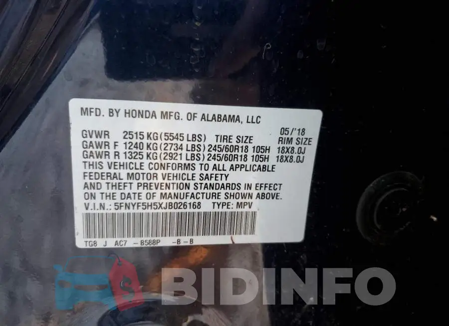 5FNYF5H5XJB026168 Photo# 12
