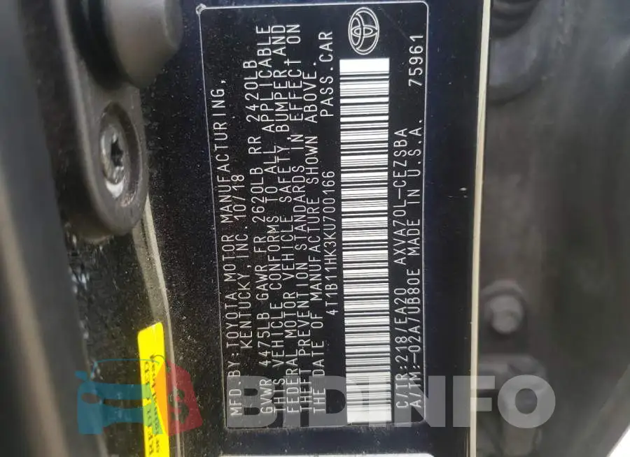 4T1B11HK3KU700166 Photo# 12