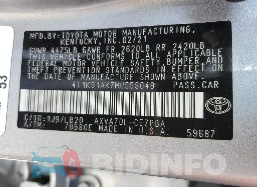 4T1K61AK7MU559049 Photo# 12