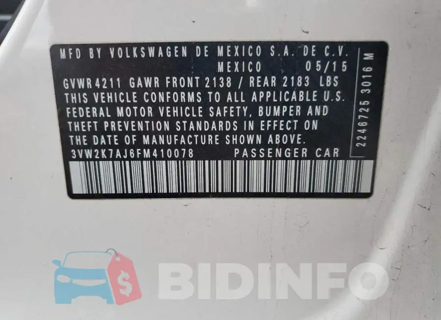 3VW2K7AJ6FM410078 Photo# 13