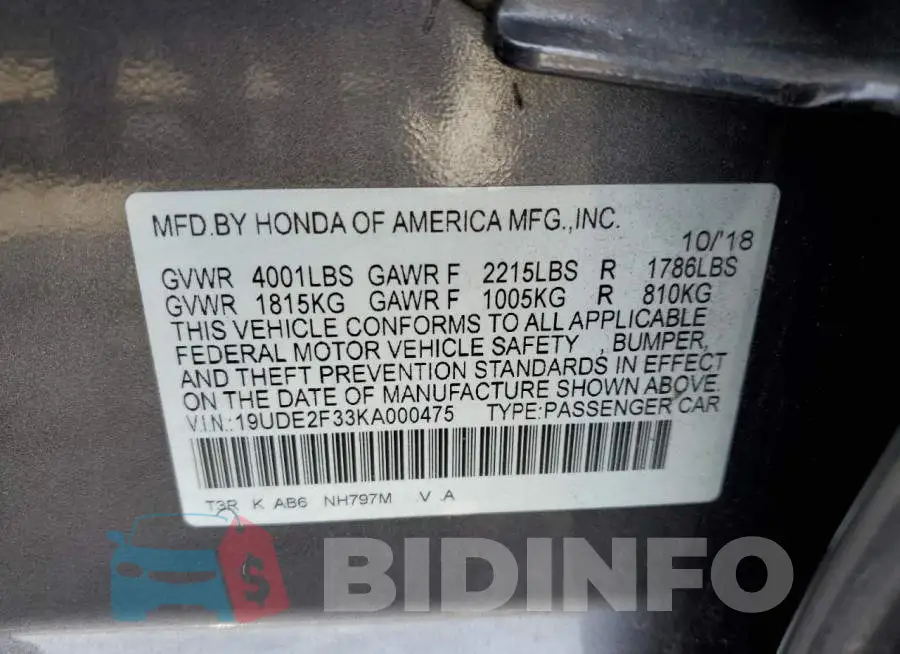 19UDE2F33KA000475 Photo# 12