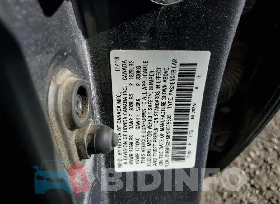 2HGFC2F68KH515305 Photo# 12