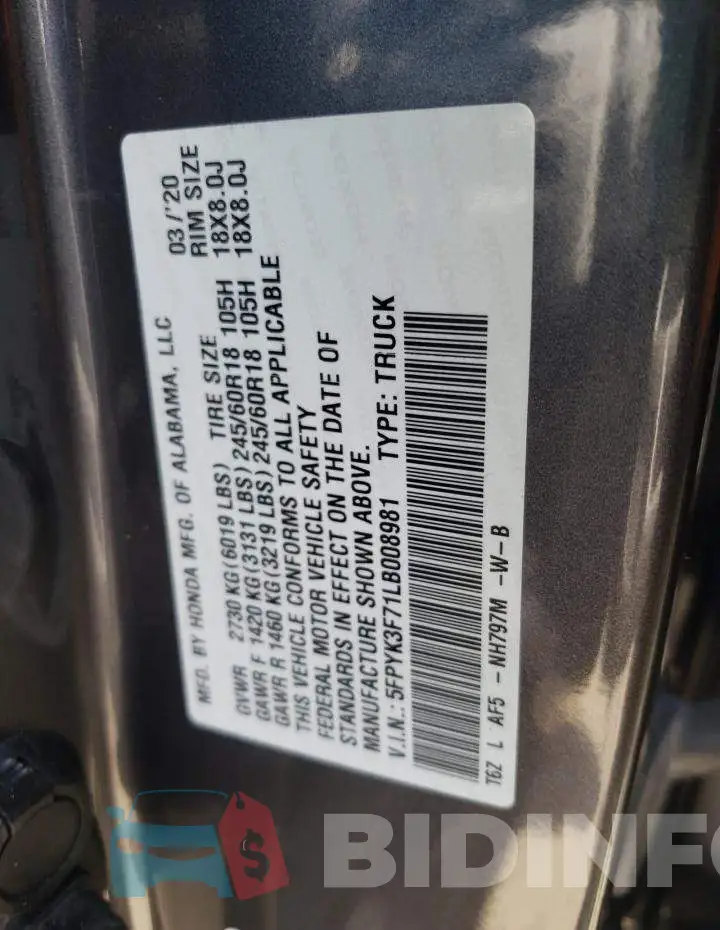 5FPYK3F71LB008981 Photo# 13
