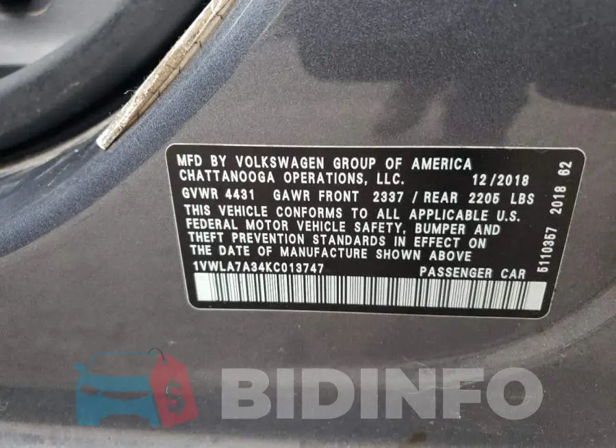 1VWLA7A34KC013747 Photo# 12