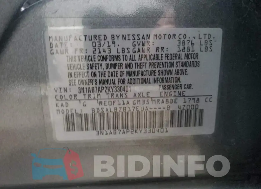 3N1AB7AP2KY330401 Photo# 13